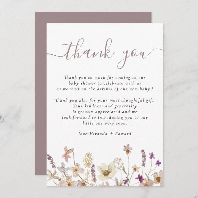 Tarjeta De Agradecimiento Wildflower Floral Baby Shower Gracias (Anverso / Reverso)