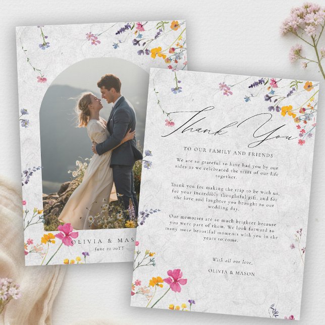 Tarjeta De Agradecimiento Wildflower Garden Modern Ivory Arch Photo Wedding (wildflower wedding photo thank you watercolor garden backyard barn summer spring arch ivory)