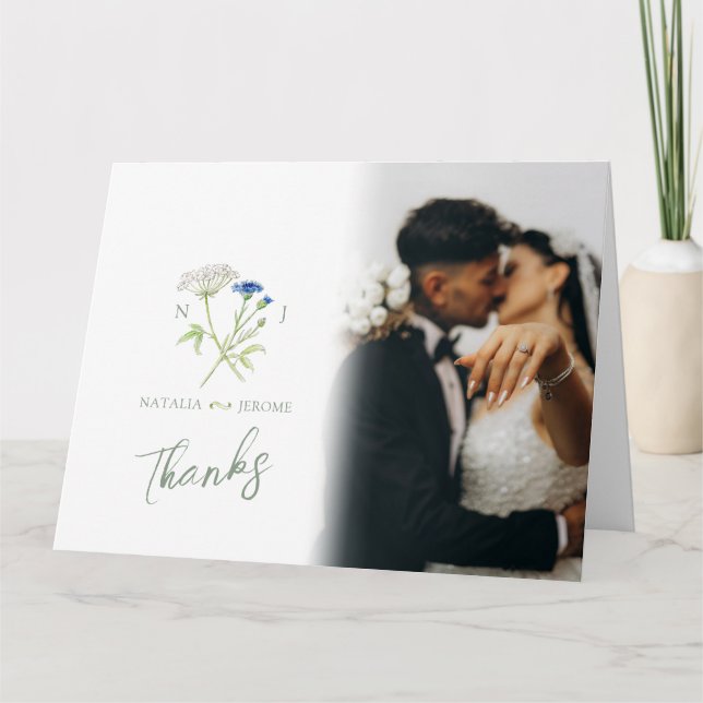 Tarjeta De Agradecimiento Wildflower monogram wedding photo QR Code (Anverso)