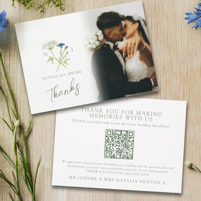 Tarjeta De Agradecimiento Wildflower monogram wedding photo QR Code (Subido por el creador)