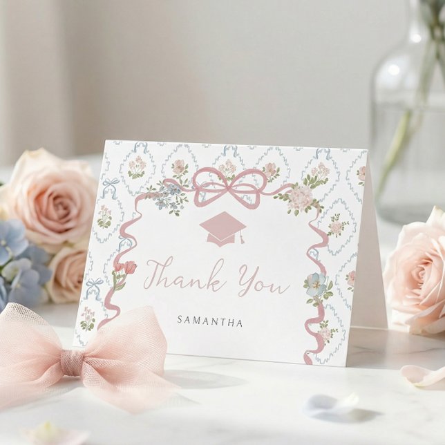 Tarjeta De Agradecimiento Wildflower Pink Bow Graduation Thank You Card (Subido por el creador)