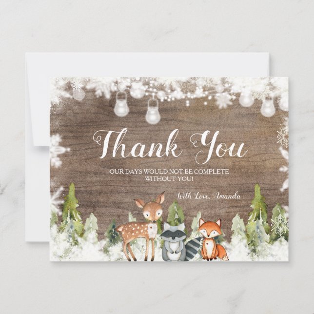 Tarjeta De Agradecimiento Winter Animals Wood Snowflakes Baby Shower (Anverso)