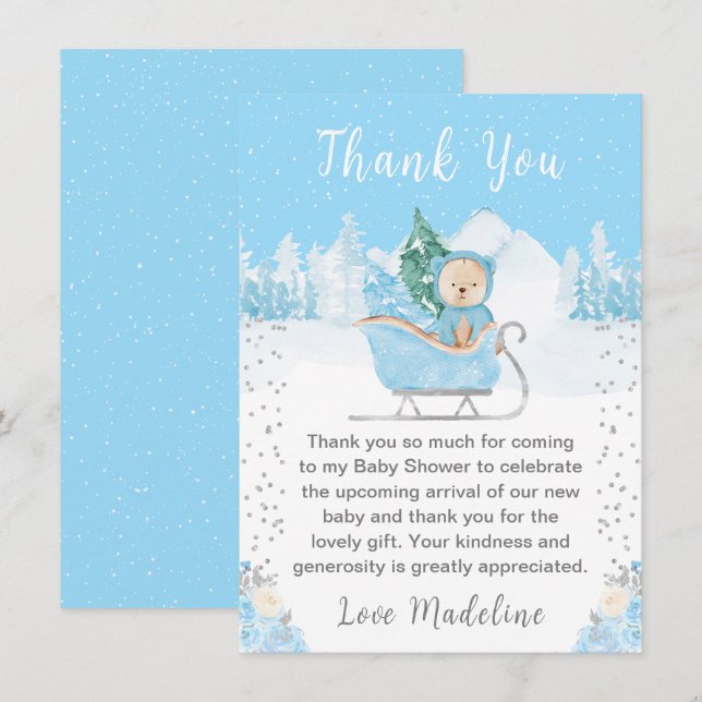 Tarjeta De Agradecimiento Winter Bear Blue Sleigh Baby Shower (Anverso / Reverso)
