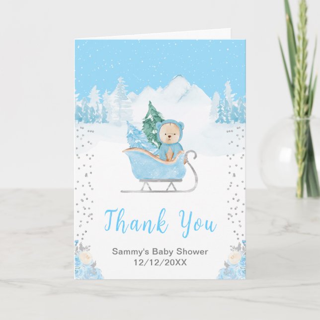 Tarjeta De Agradecimiento Winter Bear Blue Sleigh Baby Shower Gracias (Anverso)