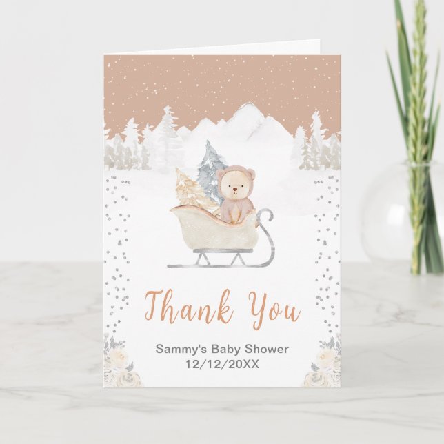 Tarjeta De Agradecimiento Winter Bear Brown Sleigh Baby Shower Gracias (Anverso)