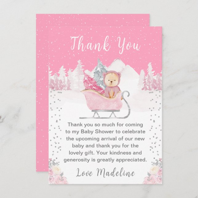 Tarjeta De Agradecimiento Winter Bear Pink Sleigh Baby Shower (Anverso / Reverso)