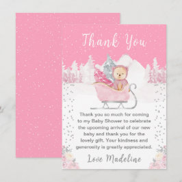 Tarjeta De Agradecimiento Winter Bear Pink Sleigh Baby Shower
