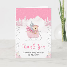 Tarjeta De Agradecimiento Winter Bear Pink Sleigh Baby Shower Gracias