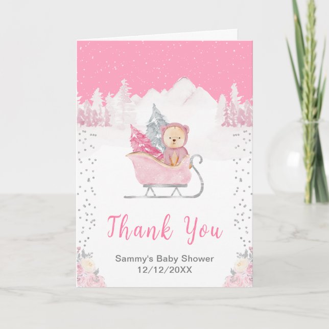 Tarjeta De Agradecimiento Winter Bear Pink Sleigh Baby Shower Gracias (Anverso)