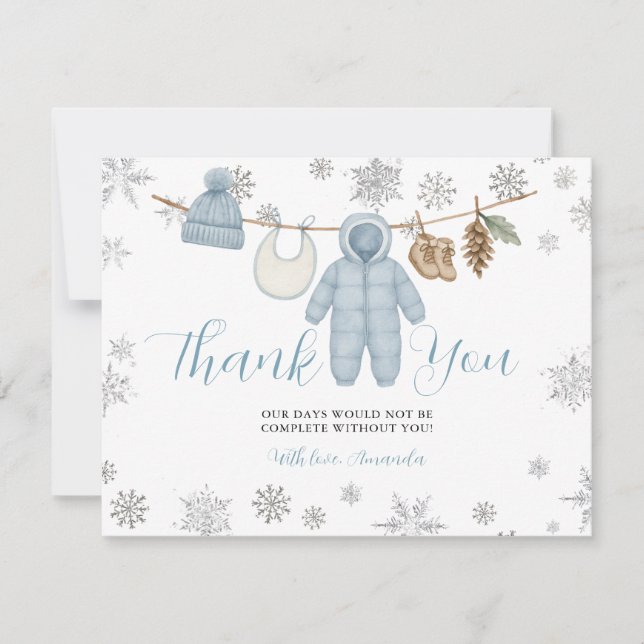 Tarjeta De Agradecimiento Winter Blue Boy Baby Shower Snowflakes Thank You (Anverso)