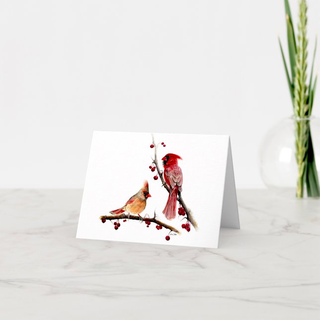 Tarjeta De Agradecimiento Winter Cardinals Berries (Beautiful cardinal pair watercolor thank you notes from Jenn Steffen Art)