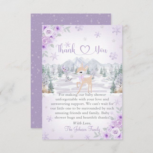 Tarjeta De Agradecimiento Winter Deer Purple Snowflake Baby Shower (Anverso / Reverso)