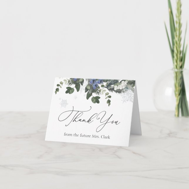 Tarjeta De Agradecimiento Winter Evergreen Blue Bridal Shower Gracias (Anverso)