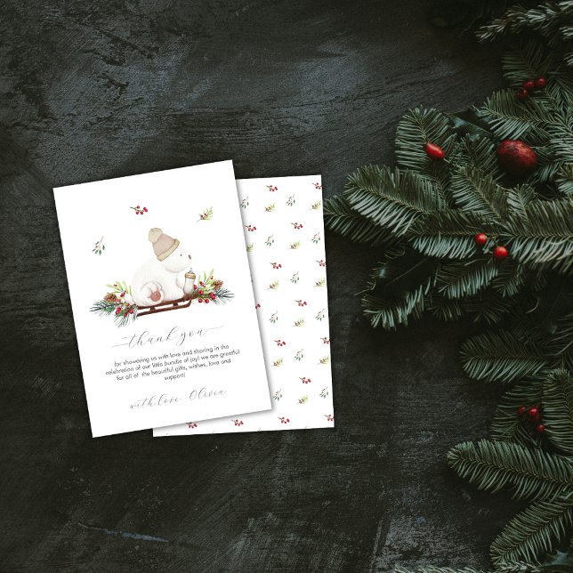 Tarjeta De Agradecimiento Winter Floral Sleigh Polar Bear Baby Shower  (Winter Floral Sleigh Polar Bear Baby Shower Thank You Card)