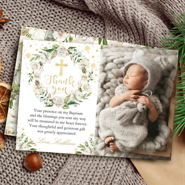 Tarjeta De Agradecimiento Winter Floral Wreath Baptism Photo you Card (Subido por el creador)