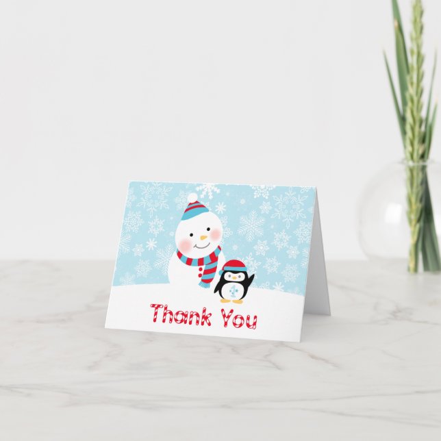Tarjeta De Agradecimiento Winter ONEderland Birthday Snowman and Penguin (Anverso)