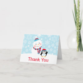 Tarjeta De Agradecimiento Winter ONEderland Birthday Snowman and Penguin