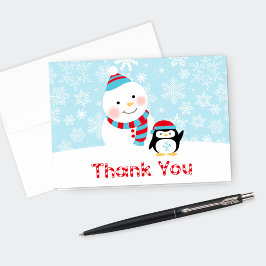 Tarjeta De Agradecimiento Winter ONEderland Birthday Snowman and Penguin