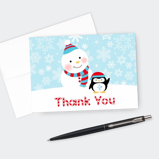 Tarjeta De Agradecimiento Winter ONEderland Birthday Snowman and Penguin (Subido por el creador)