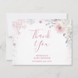 Tarjeta De Agradecimiento Winter Pastel Pink Snowflake Sleigh Baby Shower
