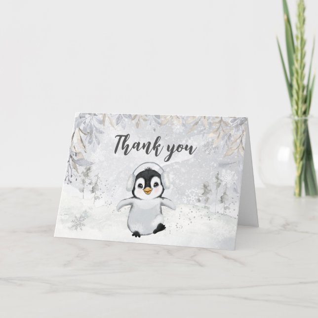 Tarjeta De Agradecimiento Winter Penguin Baby Shower (Anverso)