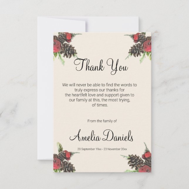 Tarjeta De Agradecimiento Winter Pine Cone and Berry Funeral Thank You Cards (Anverso)