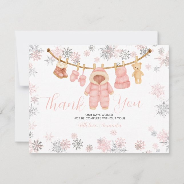 Tarjeta De Agradecimiento Winter Pink Girl Baby Shower Snowflakes Thank You (Anverso)