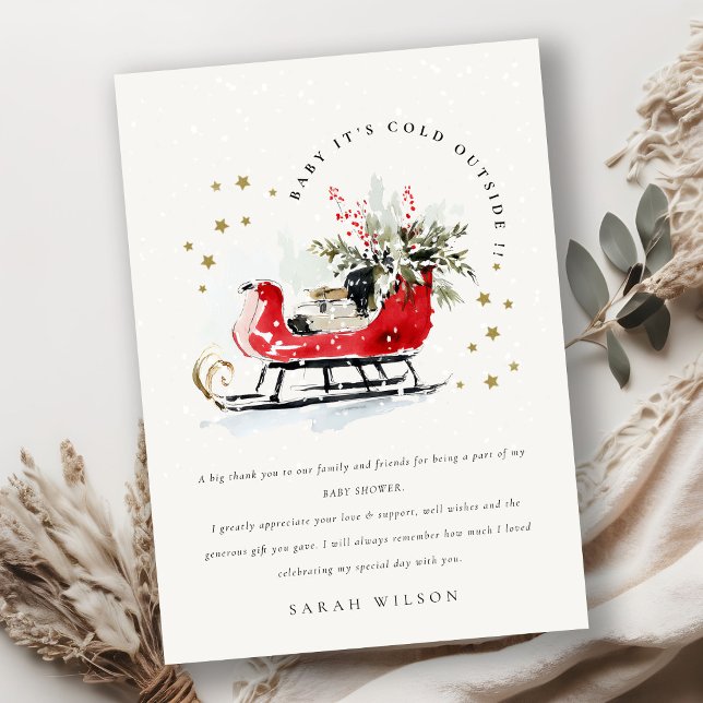 Tarjeta De Agradecimiento Winter Sleigh Its Cold Outside Neutral Baby Shower (Subido por el creador)