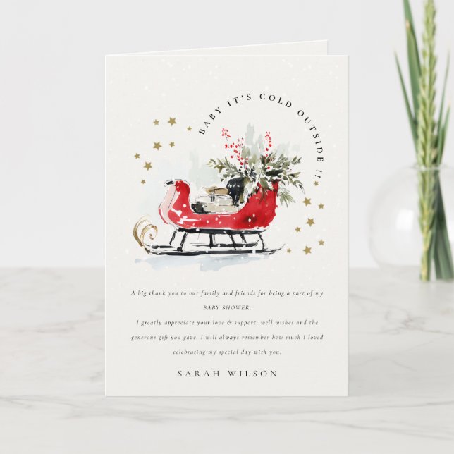 Tarjeta De Agradecimiento Winter Sleigh Its Cold Outside Neutral Baby Shower (Anverso)