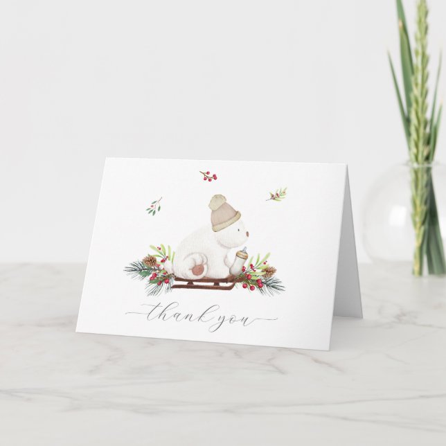 Tarjeta De Agradecimiento Winter Wooden Sleigh Polar Bear Baby Shower  (Anverso)