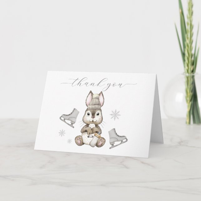 Tarjeta De Agradecimiento Winter Woodland Bunny Ice Skate Baby Shower  (Anverso)