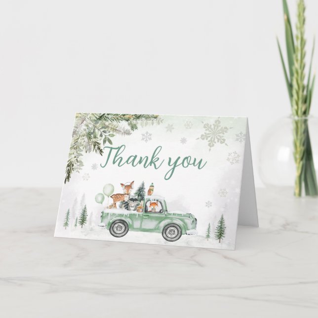 Tarjeta De Agradecimiento Winter Woodland Green Truck Baby Shower (Anverso)
