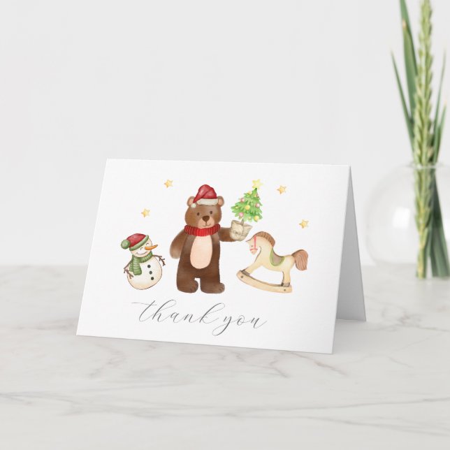 Tarjeta De Agradecimiento Winter Woodland Teddy Bear Snowman Baby Shower (Anverso)