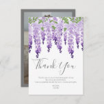 Tarjeta De Agradecimiento Wisteria acuática | Bat Mitzvah<br><div class="desc">Este diseño presenta elegantes flores de glicinia de acuarela en lavanda suave y morado con hojas verdes sobre un fondo blanco con tu mensaje de agradecimiento de Bat Mitzvah debajo. Al contrario, agrega tu foto favorita. Personalice editando el texto en los cuadros de texto y agregando la imagen. Diseñado por...</div>