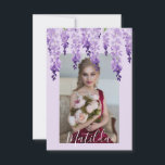 Tarjeta De Agradecimiento Wisteria acuática | Bat Mitzvah<br><div class="desc">Este diseño presenta elegantes flores de glicinia de acuarela en suave lavanda y morado con hojas verdes sobre un fondo lila con tu foto y apodo favoritos. Al revés en el elegante guión de caligrafía blanca sobre fondo morado está el texto "Gracias" y su mensaje y nombre personalizados. Personalice editando...</div>