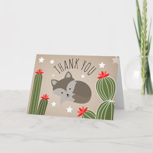 Tarjeta De Agradecimiento Wolf Pup Cactus Desert Stars Baby Shower (Anverso)