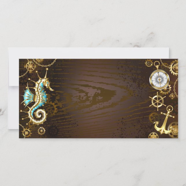 Tarjeta De Agradecimiento Wooden Background with Mechanical Seahorse (Anverso)