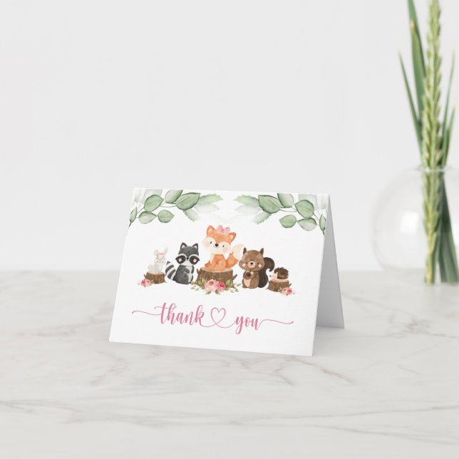 Tarjeta De Agradecimiento Woodland Animal Greeneration Pink Baby Shower (Anverso)