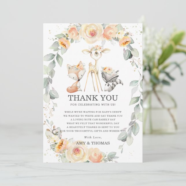 Tarjeta De Agradecimiento Woodland Animal Yellow Floral Greeneration Baby Sh (Anverso de pie)