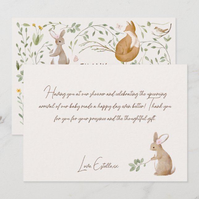Tarjeta De Agradecimiento Woodland Animals Forest Friends Baby Shower (Anverso / Reverso)