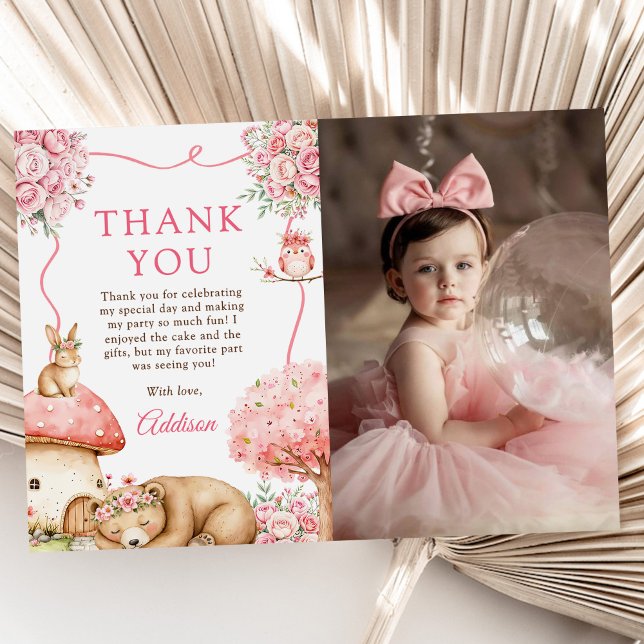 Tarjeta De Agradecimiento Woodland Animals Girl 1st Birthday Party Photo (Subido por el creador)