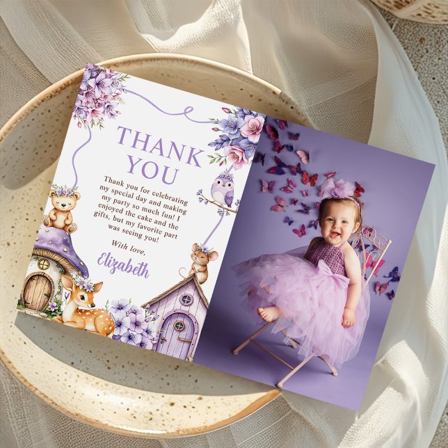 Tarjeta De Agradecimiento Woodland Animals Girl 1st Birthday Party Photo (Subido por el creador)