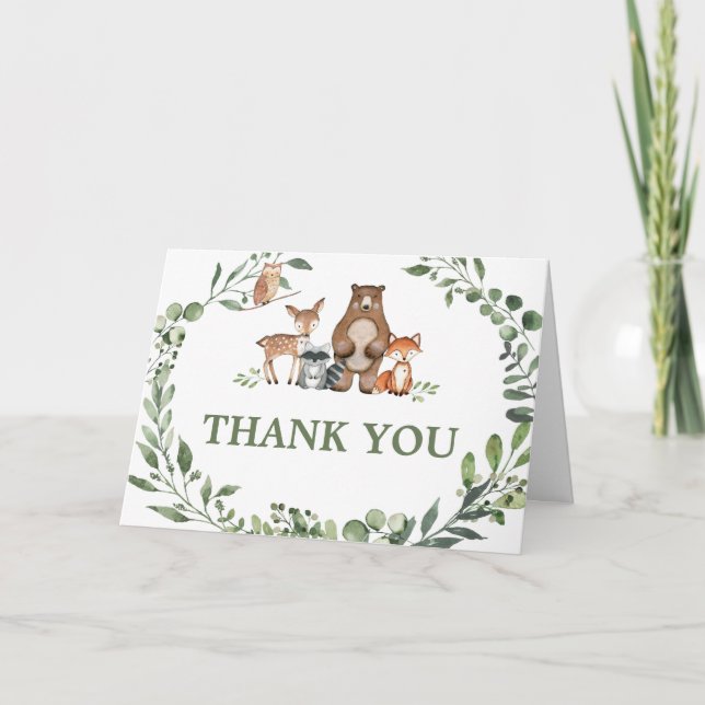 Tarjeta De Agradecimiento Woodland Animals Greenery Baby Shower  (Anverso)