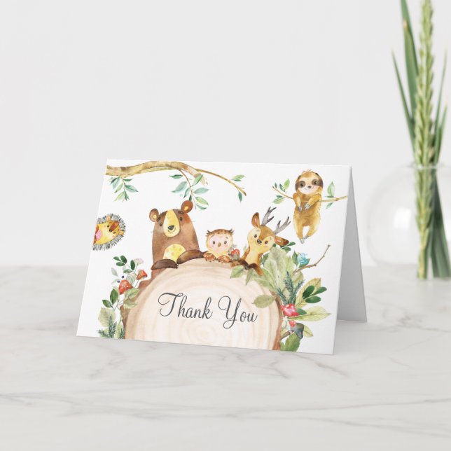 Tarjeta De Agradecimiento Woodland Animals Greenery Birthday Baby Shower (Anverso)