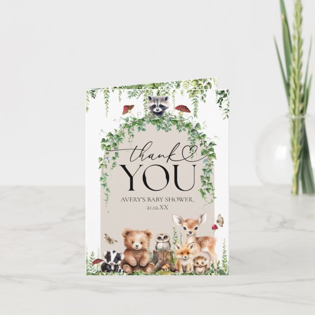Tarjeta De Agradecimiento Woodland Animals Greenery Mushroom Baby Shower (Anverso)