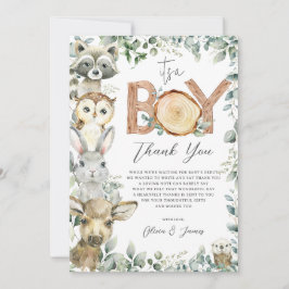 Tarjeta De Agradecimiento Woodland Animals Greenery Wood Boy Baby Shower
