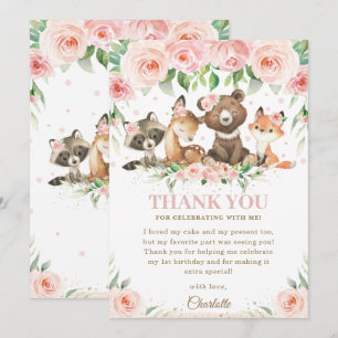 Tarjeta De Agradecimiento Woodland Animals Pink Floral Birthday Baby Shower