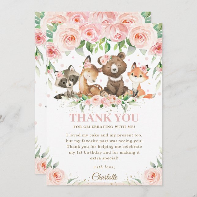Tarjeta De Agradecimiento Woodland Animals Pink Floral Birthday Baby Shower  (Anverso / Reverso)