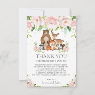 Tarjeta De Agradecimiento Woodland Animals Pink Rubor Floral Baby Shower