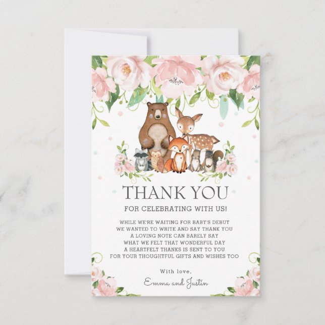 Tarjeta De Agradecimiento Woodland Animals Pink Rubor Floral Baby Shower (Anverso)
